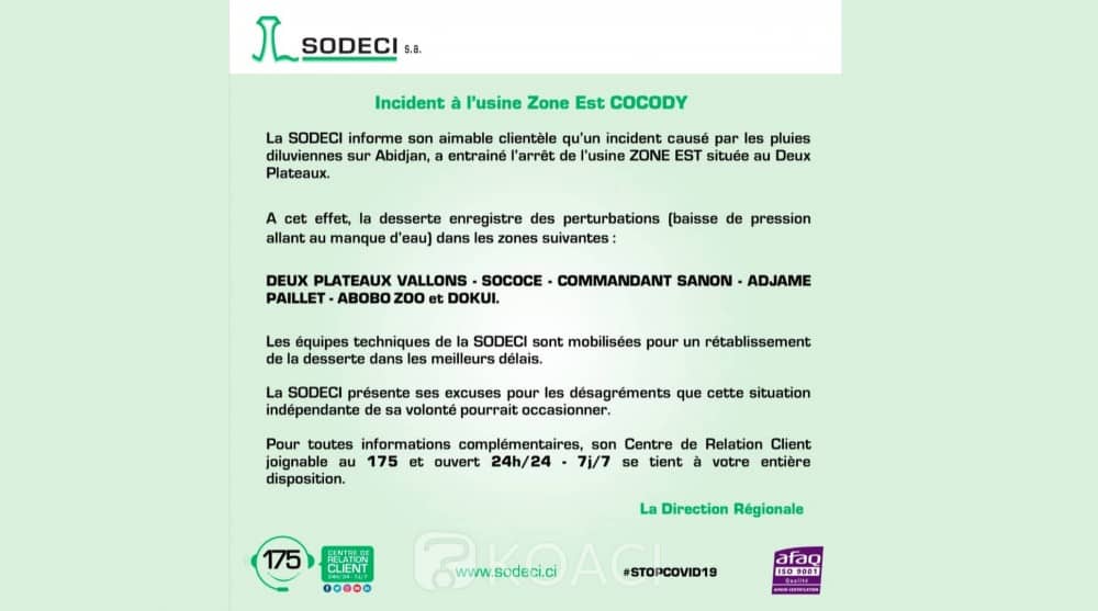 Côte d'Ivoire : Incident à l'usine Zone Est Cocody, communiqué de la Sodeci