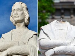 Une Statue de Christophe Colomb renversé, décapité dans le parc de Camden