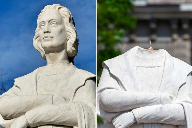 Une Statue de Christophe Colomb renversé, décapité dans le parc de Camden