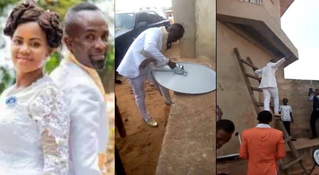 Le marié fait attendre la mariée à l'église et va installer une parabole pour un client