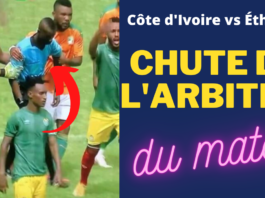 chute de l'arbitre du match sur le terrain