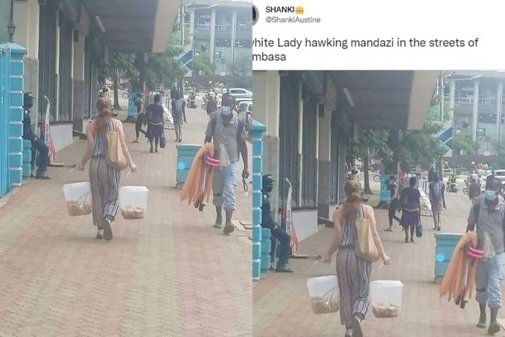 Une blanche en train de vendre beignets dans les rues de Mombasa