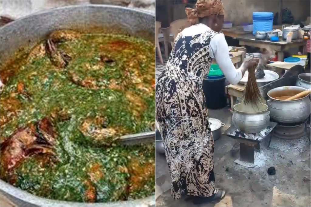 Une vendeuse remue sa soupe avec un balais