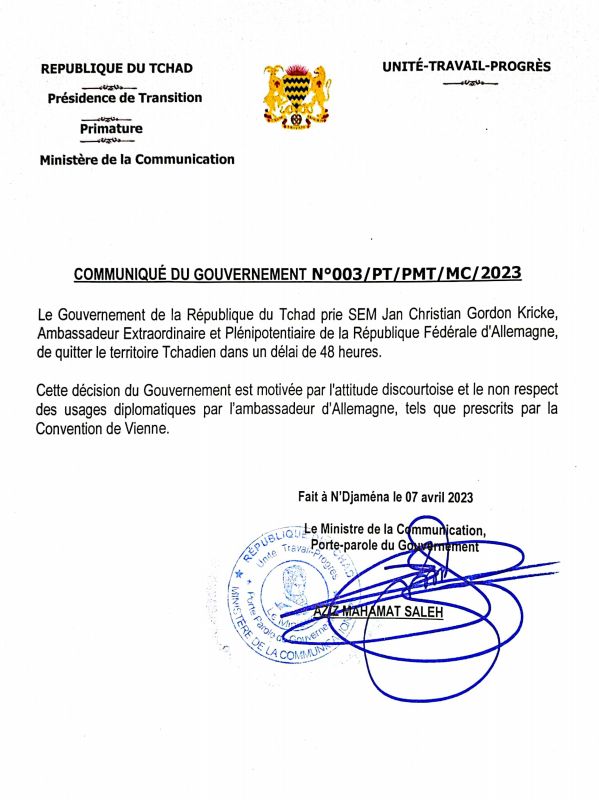 Le Tchad expulse l'ambassadeur allemand