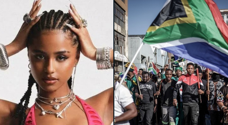 Tyla et des manifestants sud-africains lors de la polémique sur son concert à Lagos