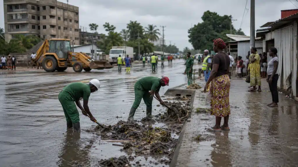 Nettoyage d’une rue inondée à Abidjan après de fortes pluies