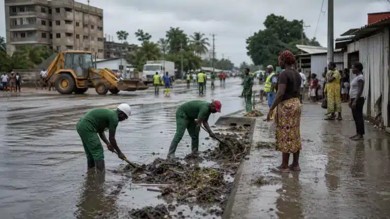 Nettoyage d’une rue inondée à Abidjan après de fortes pluies