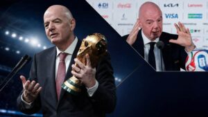 Gianni Infantino avec le trophée de la Coupe du monde, montage sur FIFA Forward Enterprise et l’Afrique