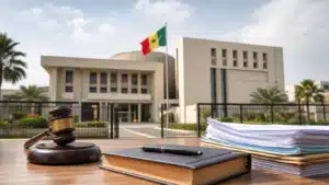 Palais de justice au Sénégal avec le drapeau national et des documents juridiques