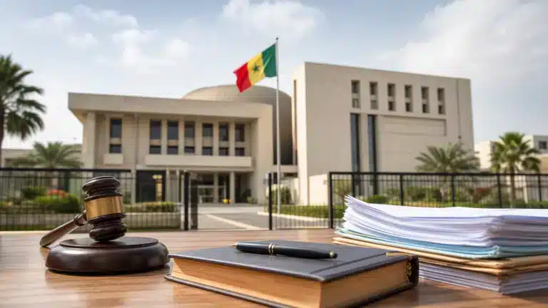 Palais de justice au Sénégal avec le drapeau national et des documents juridiques